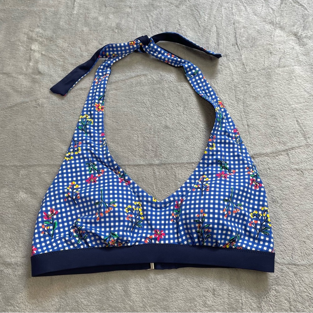 Lands End Swim Bikini Top 2 Womens Reversible Tie Halter Blue Plaid Floral